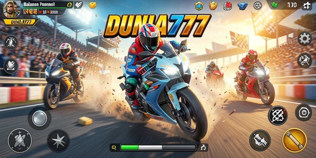Screenshot gameplay DUNIA777 menunjukkan aksi balapan motor yang intens.