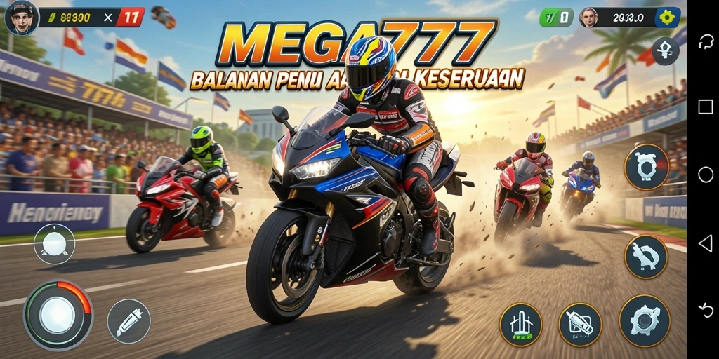 Tampilan gameplay seru di MEGA777 dengan balapan motor yang menegangkan.