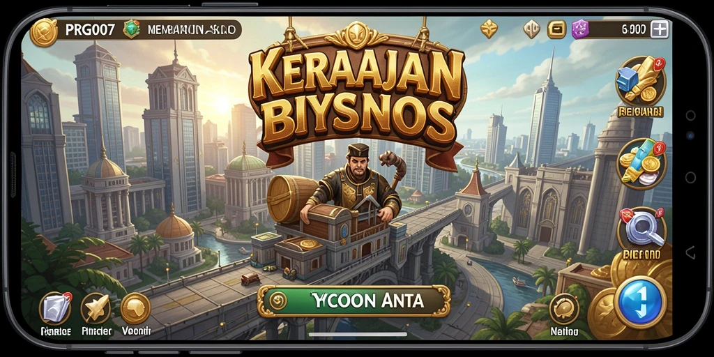 Screenshot gameplay PRG007 menunjukkan aksi membangun kerajaan bisnis yang menantang.