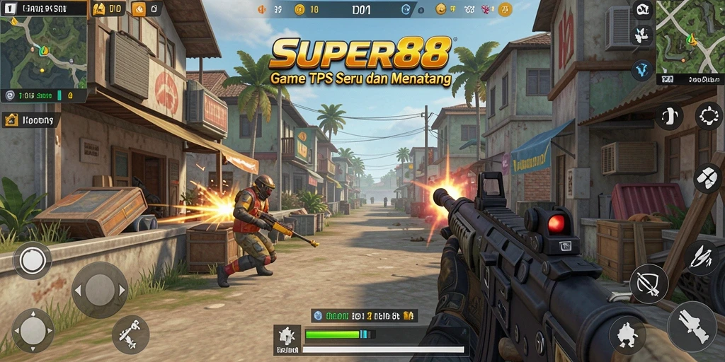 Tangkapan layar utama SUPER88 menampilkan aksi tembak-menembak yang mendebarkan.